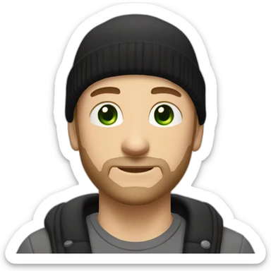 man caucasian shaved head green eyes short beard wearing a slouchy beanie and a black v-neck t-shirt sticker