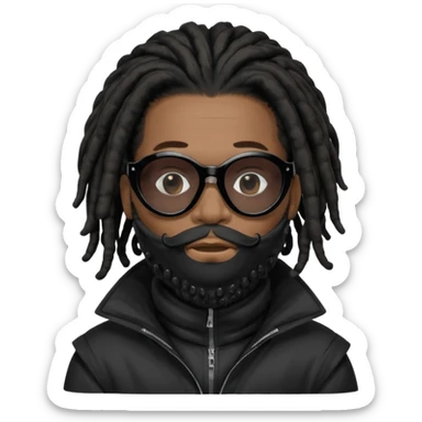 African American man with shoulder length black dreadlocks with black beard  wearing black sunglasses wearing a black bubble winter coatwearing a covid mask covering mouth and nose sticker