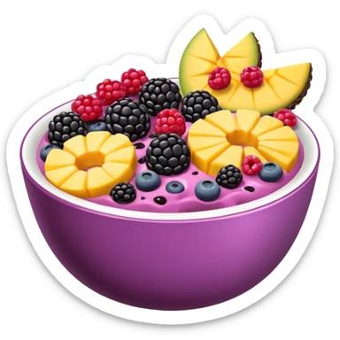 Fruitbowl and cereal acai bowl with blackberrys and mango slices and pink oreos and more berrys and fruits sticker