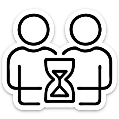 ultra-minimalist outlined icon of two figures with a small clock or hourglass, worn and distressed style sticker