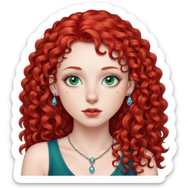 Red curly long hair with side fringe woman, pale skin, green/blue eyes, lower right lip piercing stud, nostril nose stud sticker