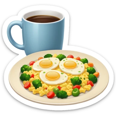 plate with eggs and veggies,  on the side coffee in cute mug sticker