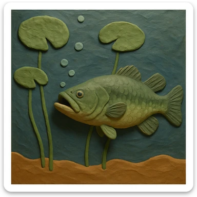 underwater scene with a bass and lily pads, soft lighting, textured look, claymation style sticker