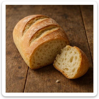 realistic Italian bakery style white bread, soft crust, fluffy interior, loaf with a torn piece revealing inside sticker
