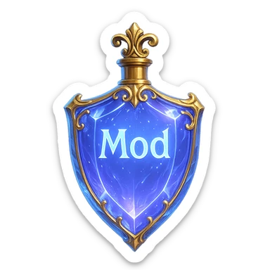 very luxurious crystal elixir bottle in shield shape, color #7986cb, with inscription 'Mod', lots of glow, edges, ornaments, golden details, magical effects, very small golden neck, transparent background, beautiful seamless bottom, bottle clearly floating in air, no base or shadow, modern, fits collection sticker