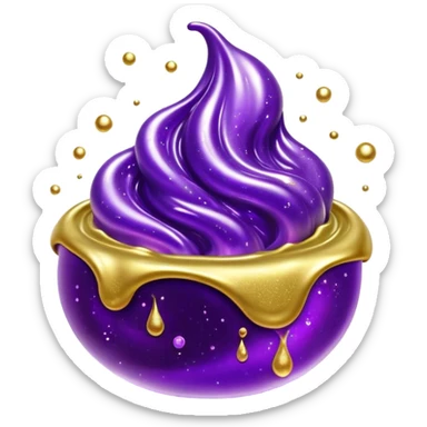Cinematic Realistic Shiny Slime Mixed with Glitter, thick and glossy with swirling metallic flecks suspended inside, a dynamic mix of deep purple and golden sparkles, light catching every shimmer, flowing smoothly with realistic folds and ripples, glowing with an enchanting, almost liquid-metal effect. sticker