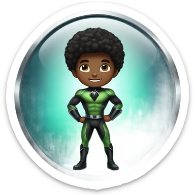 Muscular Afro teenage boy in a green-black panther superhero costume standing on a spaceship. sticker