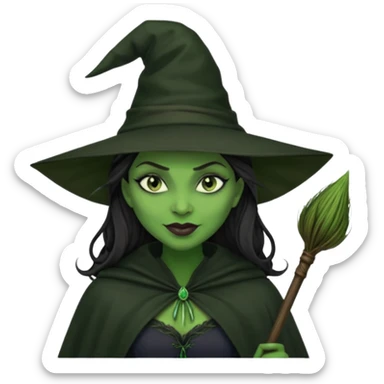 elphaba wicked witch with broom close up, evil dark coily long dark hair, green skin, thick green lips, cheekbones, smirk evil menacing cythia erivo dark aesthetic black hat cloak dark broom sticker