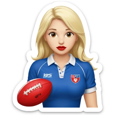 Sexy blond female. Long hair. Red lips. Big boobs. Wearing only rugby jersey. Sexy pose sticker