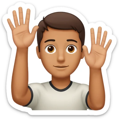 A guy with his left hand higher right lower left hand with a 6 on it right with a 7 sticker