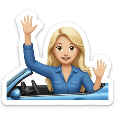 blonde long hair woman driving car. one hand up Happy face confidence sticker