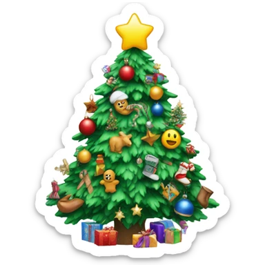 a snow Christmas tree with lot of toys on it sticker