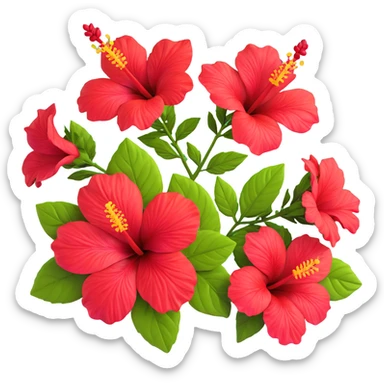 Detailed red hibiscus flower with green leaves and distinctive long stamen sticker