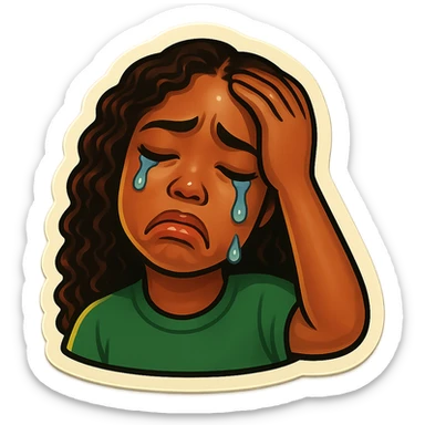 Crying Tears rolling down face 
Mouth Pout
one hand on head 
head down
 sticker