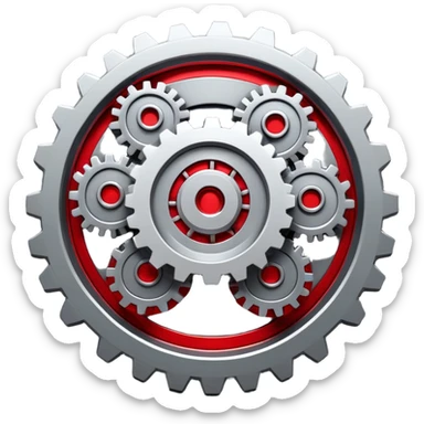 A 3D mechanical generator icon with interconnected gears, modern industrial style, red and gray color scheme, featuring:
- Multiple spinning gears in metallic gray
- Glowing red energy core in the center
- Subtle red light emissions between the gears
- Clean, technical aesthetic
- Smooth metallic textures
- Minimal shadows for depth
- Some gears slightly exposed outside the main frame
--ar 1:1
--style raw
--v 5.2
--no text
--c 15
--q 2 sticker