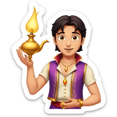 Cinematic Realistic Aladdin Portrait, depicted with lifelike, warm skin textures and a confident yet approachable gaze. His dark, wind-tousled hair frames expressive eyes full of adventure and kindness. Dressed in his iconic vest and loose trousers with intricate detailing, he holds a subtle glimmer of a magic lamp, all rendered under soft natural lighting with a radiant glow that captures his resourceful spirit. sticker