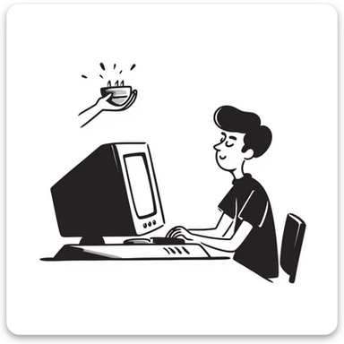 Young man with modern haircut sitting at a vintage desktop computer with large CRT monitor and floppy disk drive sticker