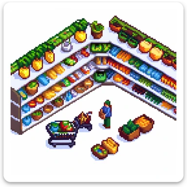 Isometric view of a supermarket with shelves of products, shopping carts, and checkout counters sticker
