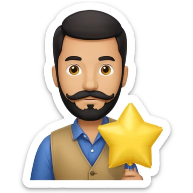 man with black bead and mustache holding star yellow balloon sticker
