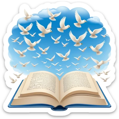Icon for Poetry Reading: an open book with pages flying out, transforming into a large flock of small white birds soaring into the blue sky. The icon should evoke the freedom and beauty of poetic expression. Transparent background. sticker
