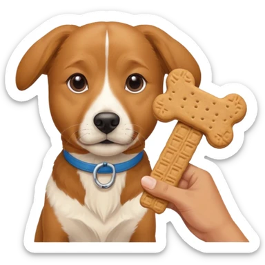 trainer hand holding a treat in front of a dog sticker