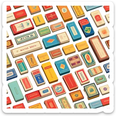 Icon for Matchbox Collecting: a collection of vintage and colorful matchboxes from different places, neatly displayed in a row or in a display case. The icon should reflect the uniqueness and diversity of matchbox collecting. Transparent background. sticker