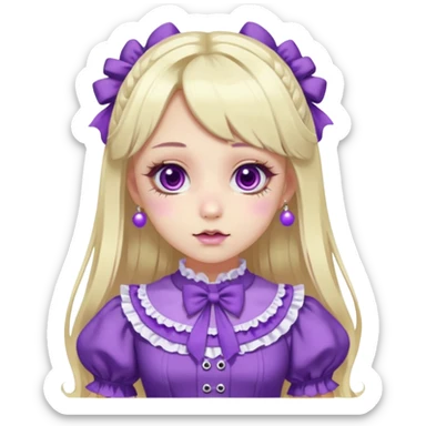 Ai pale girl , who has straight long length blonde and purple swirled hair , hazel eyes , and doll like makeup , with a septum piercing, nostril piercing, in a purple lolita hime gyaru dress emoji sticker