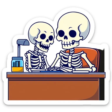 Skeleton with head on his desk sticker