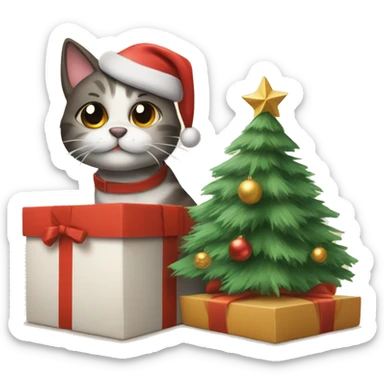 Draw a cat and a dog in 2 different gift boxes under the tree for Christmas sticker