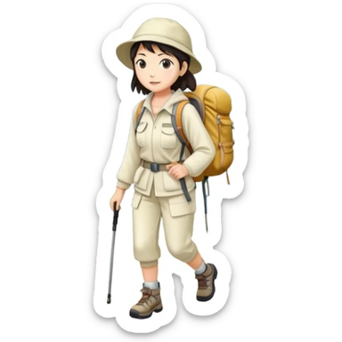 Full body japanese woman hiking on mountain trail cream clothes sticker