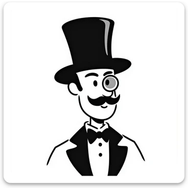 a man with a mustache, wearing a top hat and a monocle sticker