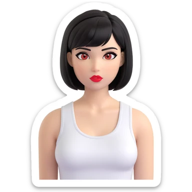 A pretty girl with black straight bob hair. She has hazel eyes with black eyeliner. She has plump red lips. She is wearing a white tank top sticker