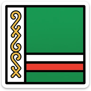 Chechnya flag, green field with white and red stripes at bottom, white vertical stripe with gold pattern on hoist, vector style sticker
