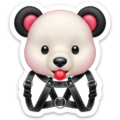 Gloomybear wearing black harness, red bubblegum in mouth sticker