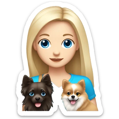 Girl with long blond hair an blue eyes and a boy with dark hair and blue eyes holding a pomeranian  sticker