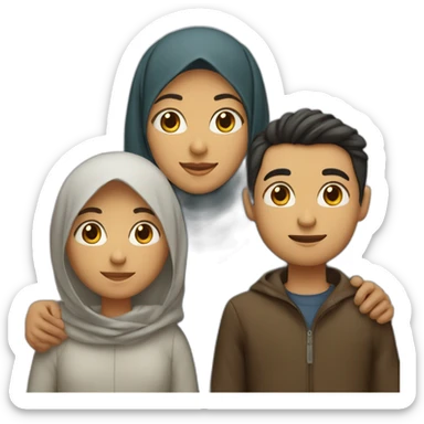 Family of four people: a mother who is the only person wearing a hijab, a father who has dark hair, a young little girl with dark hair, and a young little boy with dark hair, light brown skin sticker