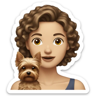 white women with curly medium length brunette hair, holding a cute yorkie dog sticker