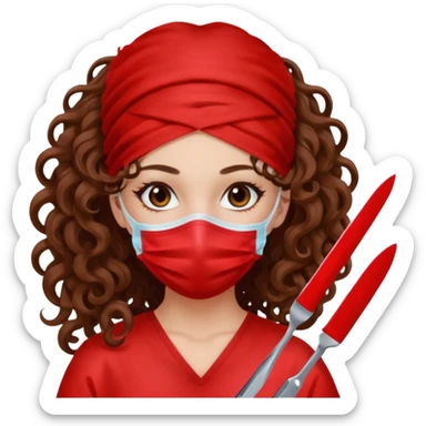Lilith symbol seductress long curly hair evil surgeon.  brown hair. Red surgical mask and hair covering. She works for cartel and kills  with a scalpel. sticker
