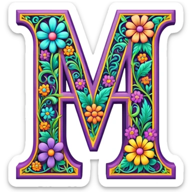 3D, gothic style psychedelic colored capital Letter N with hippie style flower border sticker