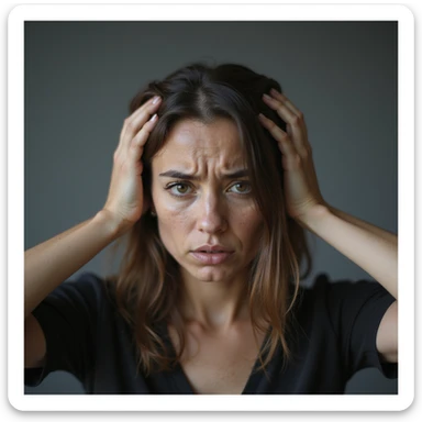 woman with hands in hair, stressed and nervous expression, hyperrealism 4K, variation 10 sticker