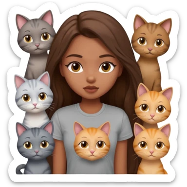 a pretty bratz dusky girl with long brown hair with six cats nd wearing a grey tshirt sticker