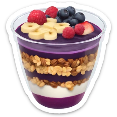 Açaí in a clear cup with layers of fruits and granola and condensed milk sticker