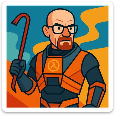 Walter White as Gordon Freeman, stylized cartoon, orange HEV suit, glasses, crowbar sticker