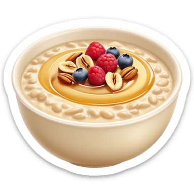 Cinematic creamy oatmeal, smooth texture with a swirl of honey on top, garnished with fresh berries and nuts, warm and comforting, cozy golden tones, rich and delicious. sticker