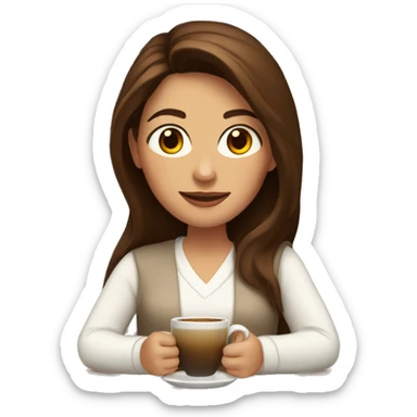 Woman with long brown hair, brown eyes, in white cardigan, with a cup of coffee in her hand sticker