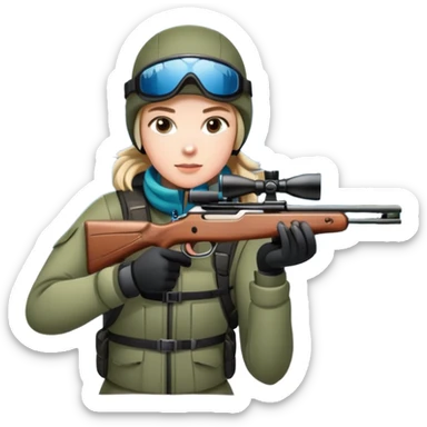 An icon showing a snowy landscape with pine trees, mountains, and a clear sky with a biathlete aiming a rifle in the foreground, wearing winter gear and skis. Transparent background emphasizes the precision, endurance, and beauty of this winter sport. sticker
