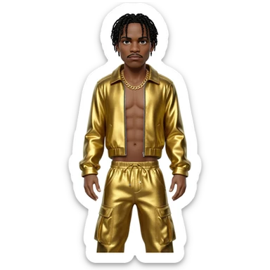 MC Hammer with black hair, gold metallic jacket, gold metallic baggy pants, shirtless with necklace sticker
