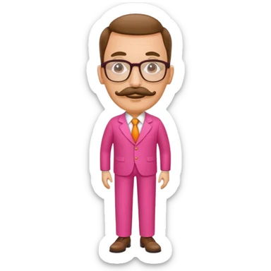 A tall figure with a thick mustache and oval glasses, with a large head, who always wears a bright pink dress with orange pants. sticker