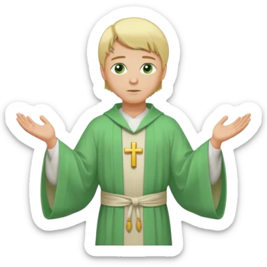 a priest, green eyes, blonde hair, light green wide, flowing outer robe. opening arms, gazing thoughtfully. Soft light, subtle fern. Waist-up, profile. sticker