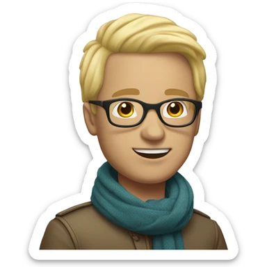 celebrate white man with light skin colour, with squared glasses, blond hair, no beard, wearing a scarf and balloons in the background sticker